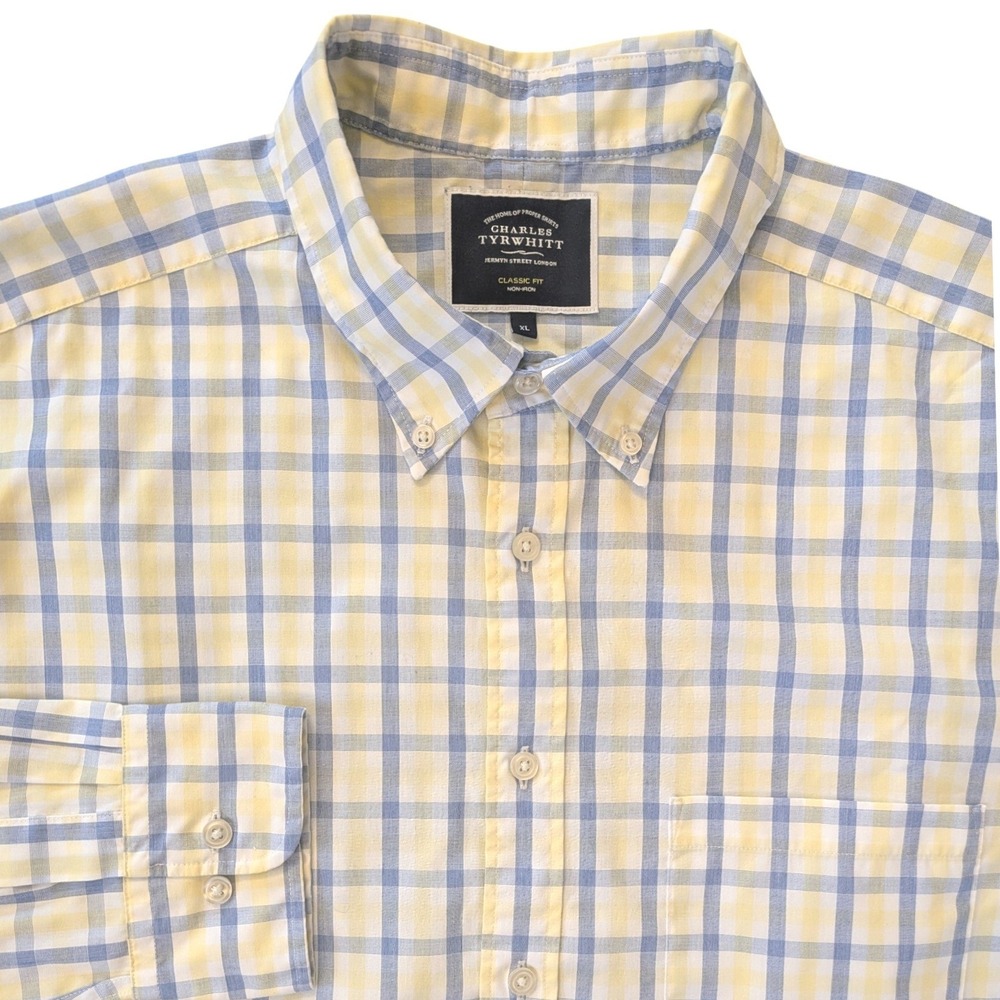 Charles Tyrwhitt Classic Fit Non-Iron Cotton Twill plaid Shirt Blue Yellow XL